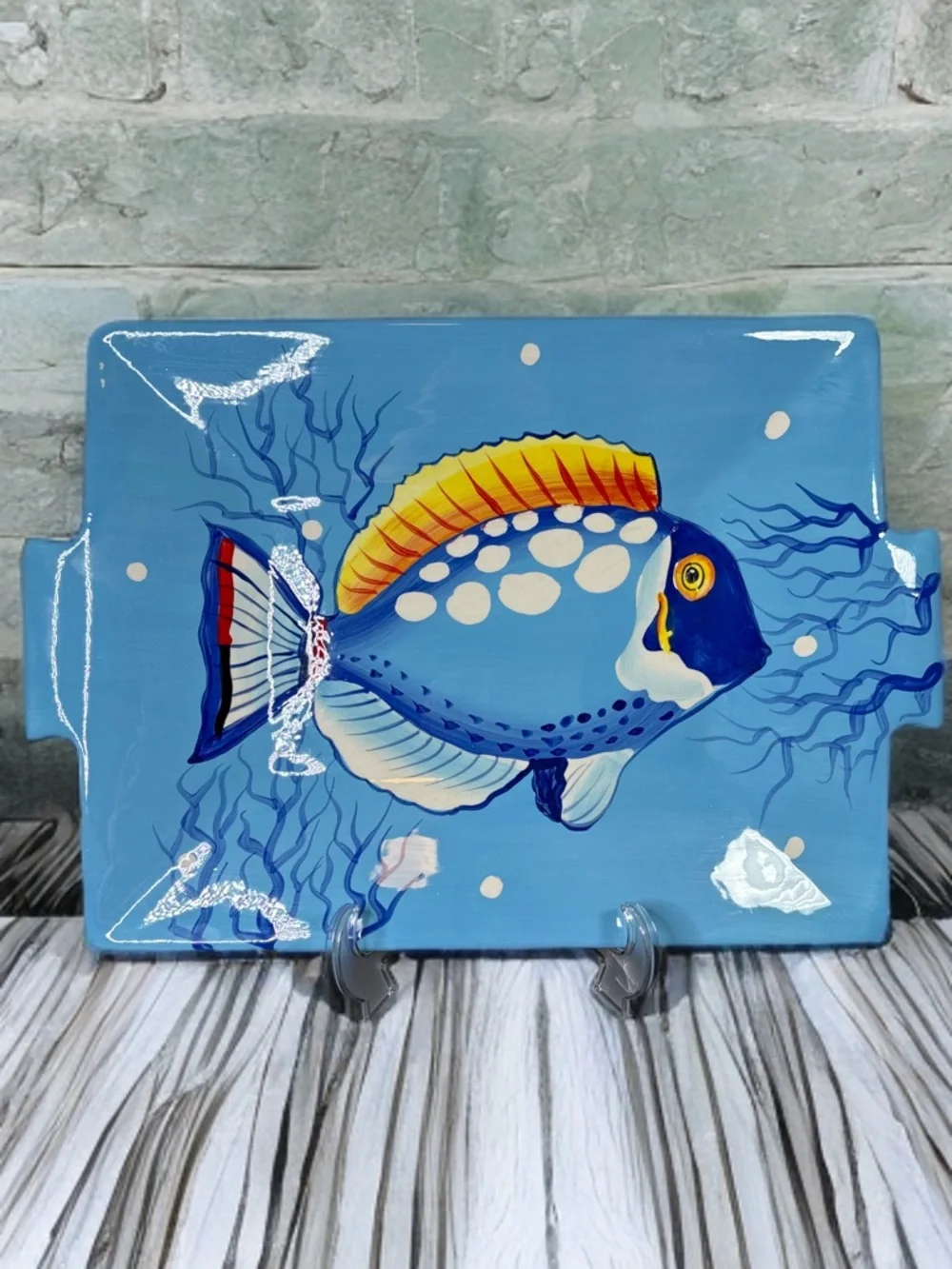La Dolce Vita Hand-Painted Blue Tropical Fish Ceramic Serving Platter 19x13.5”